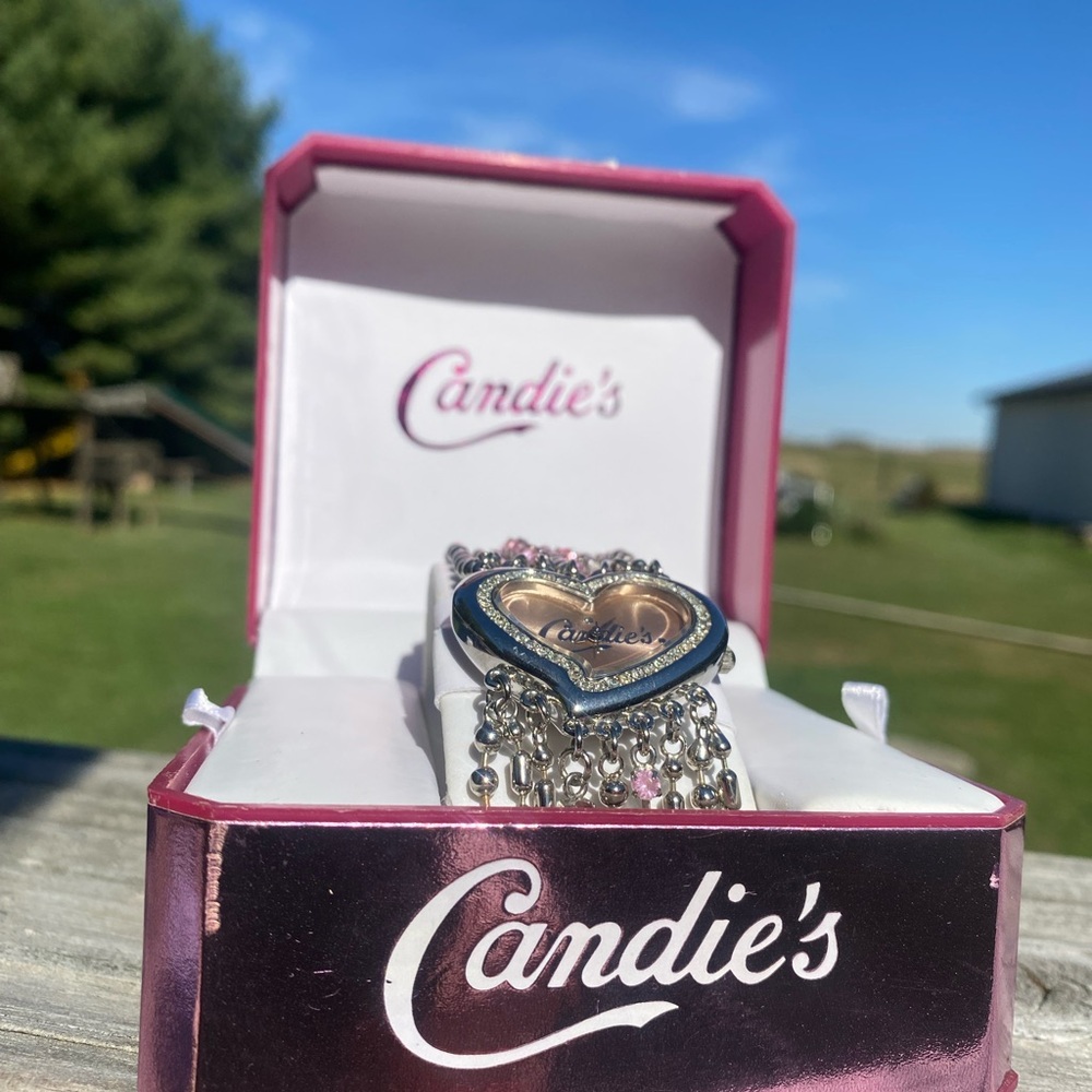 Candie’s Rhinestone Silver Chain Pink Face Heart Watch Pink Leather Band SOLD